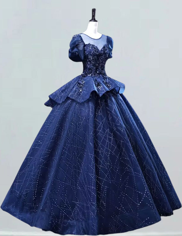 Elegant navy sequin tulle Quinceanera dress for girls, perfect for prom and evening events3