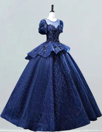 Elegant navy sequin tulle Quinceanera dress for girls, perfect for prom and evening events3