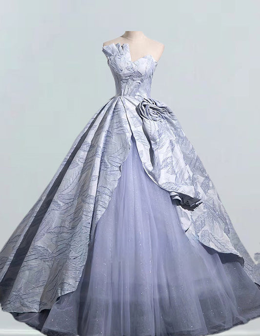 Strapless blue ruffle printed satin ball gown VIMYES