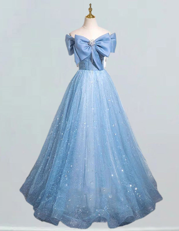 Elegant blue sparkle off-shoulder Quinceanera ball gown for girls' formal events, including prom and bridesmaid dresses3