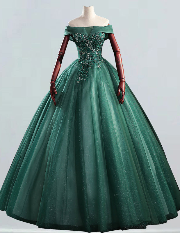 Green off the shoulder lace applique long tulle ball gown for girls' evening party0