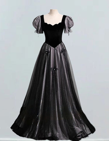 Black scoop evening gown,long tulle ball gown