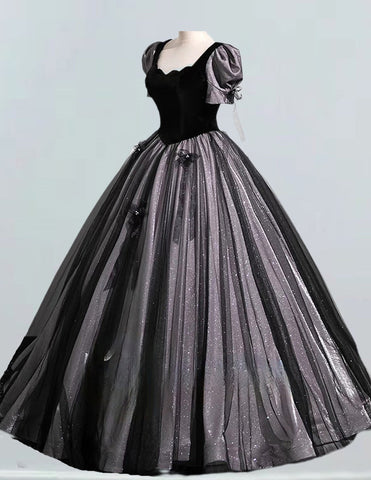 Black scoop evening gown,long tulle ball gown