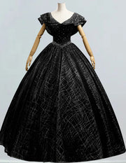Women's Elegant Black V-Neck Beaded Prom Gown | Floor-Length Evening Dress