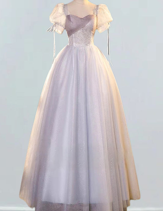 Light grey square neckline long tulle ball gown,fairy puffy prom dress VIMYES