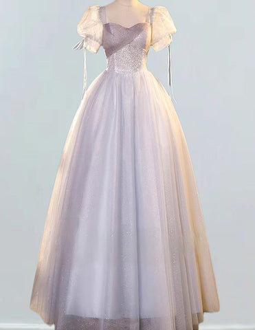 Light grey square neckline long tulle ball gown,fairy puffy prom dress