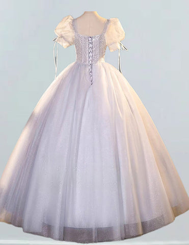 Light grey square neckline long tulle ball gown,fairy puffy prom dress