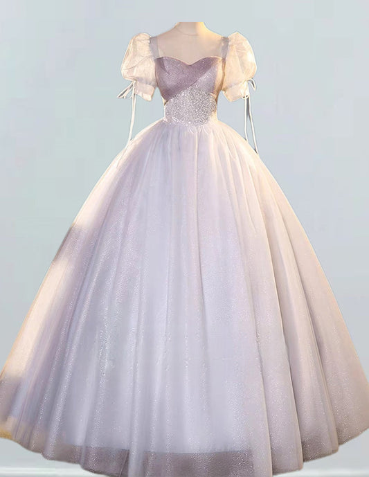 Light grey square neckline long tulle ball gown,fairy puffy prom dress VIMYES