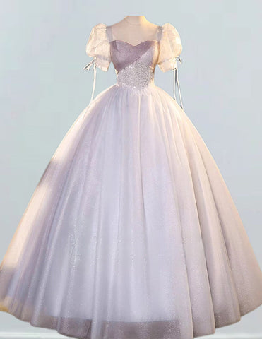 Light grey square neckline long tulle ball gown,fairy puffy prom dress