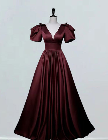 Burgundy v-neck satin prom gown long evening dress for girls1