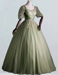 Sage Green Tulle Prom Dress with Lace Appliqué, Elegant Evening Gown for Girls1