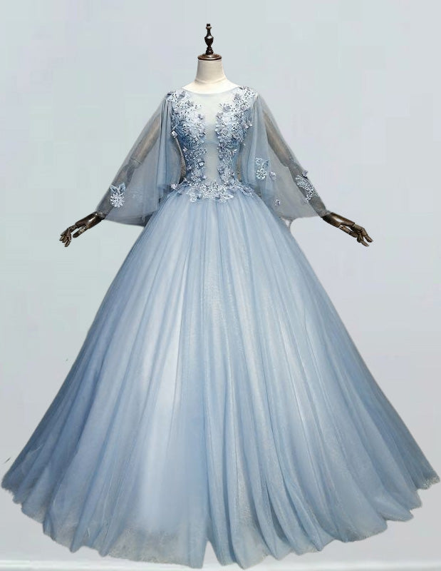 Grayish blue scoop lace applique long tulle ball gown for prom, elegant and modest evening dress with off shoulder design and corset detailing2