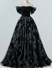 Black lace ball gown,pleated long prom dress