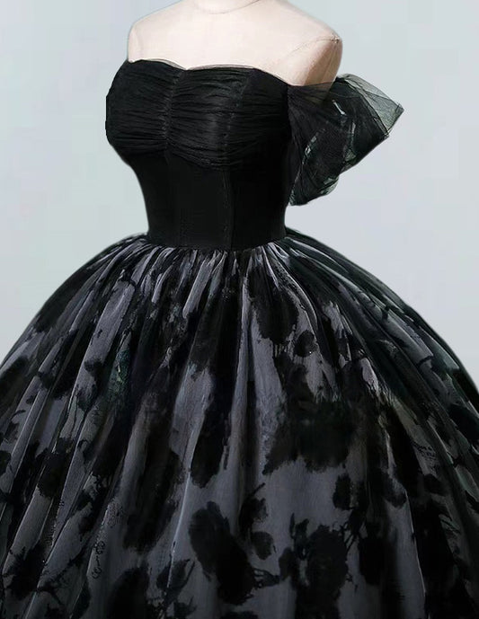 Black lace ball gown,pleated long prom dress VIMYES