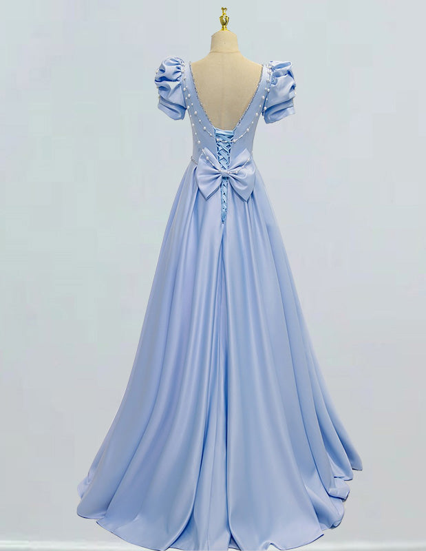 Elegant blue satin prom gown with pearl and rhinestone detail for girls' formal events0