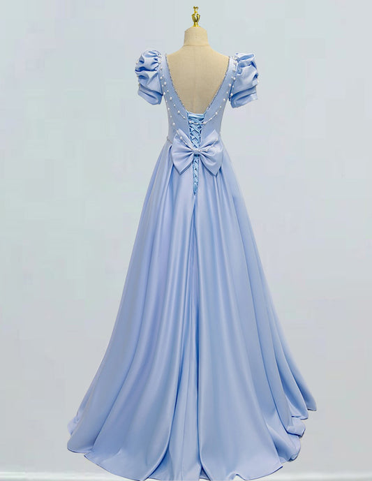 Elegant blue satin prom gown with pearl and rhinestone detail for girls' formal events0 VIMYES