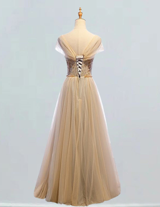 Elegant gold beaded off-shoulder bridal prom gown for girls with formal evening dress style1