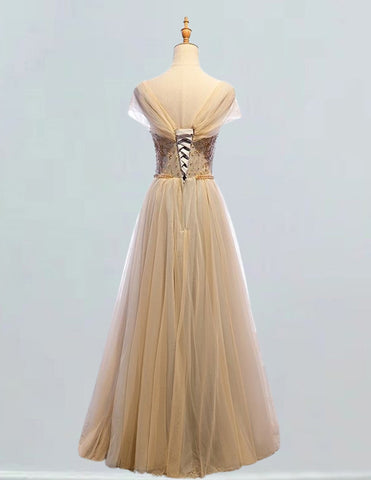 Elegant gold beaded off-shoulder bridal prom gown for girls with formal evening dress style1