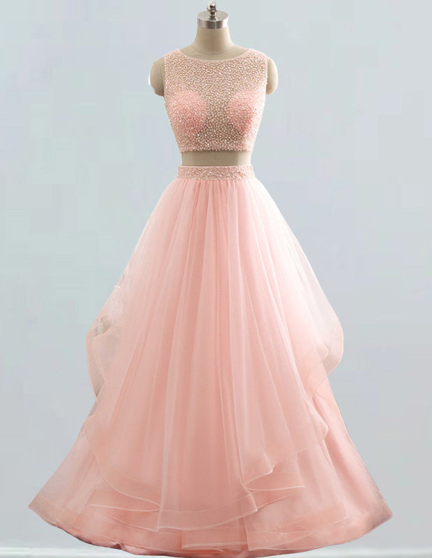 Elegant pink beaded prom gown with rhinestone boat neck for girls2