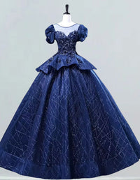 Elegant navy sequin tulle Quinceanera dress for girls, perfect for prom and evening events2