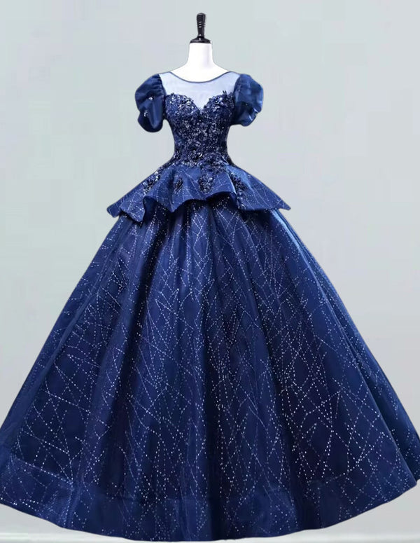 Elegant navy sequin tulle Quinceanera dress for girls, perfect for prom and evening events2