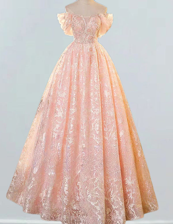 Pink Strapless Lace Beaded Ball Gown Prom Dress