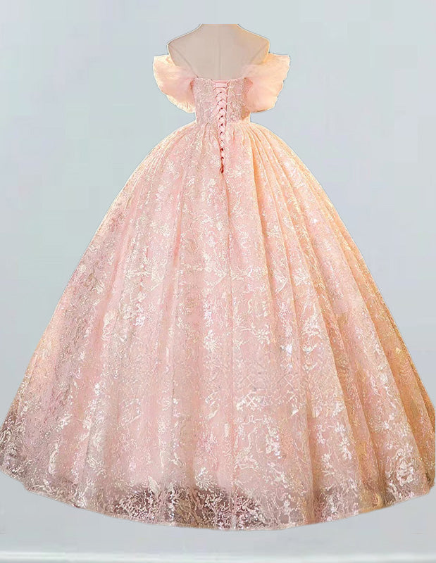 Pink Strapless Lace Beaded Ball Gown Prom Dress