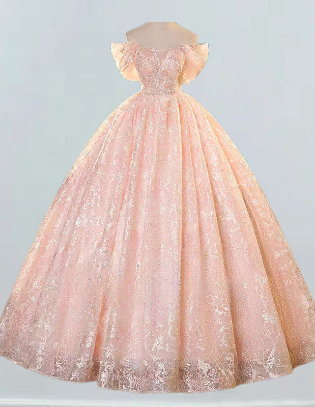 Pink Strapless Lace Beaded Ball Gown Prom Dress