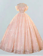 Pink Strapless Lace Beaded Ball Gown Prom Dress