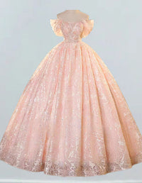 Pink Strapless Lace Beaded Ball Gown Prom Dress