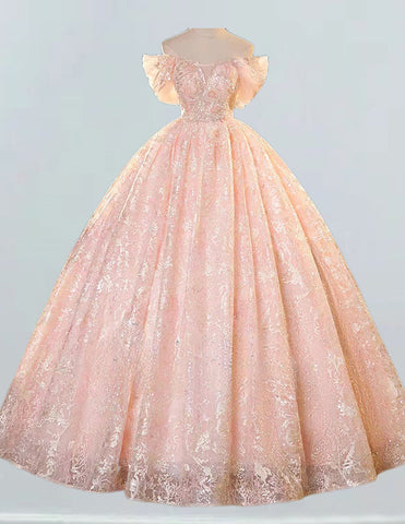 Pink strapless long lace ball gown,beaded prom dress