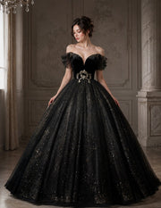 Black Off Shoulder Sparkle Tulle Ball Gown Prom Dress