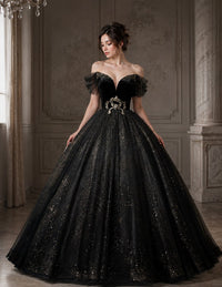 Black Off Shoulder Sparkle Tulle Ball Gown Prom Dress