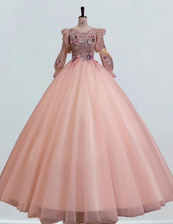 Elegant pink lace long sleeve ball gown prom dress for girls0