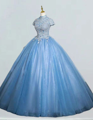 Elegant blue tulle ball gown with lace applique and high collar for girls' formal events, including prom and bridesmaid dresses0