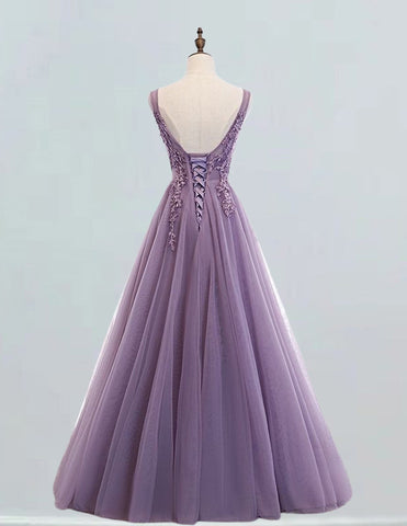 Elegant V-Neck Tulle Prom Dress with Beaded Rhinestones for Girls