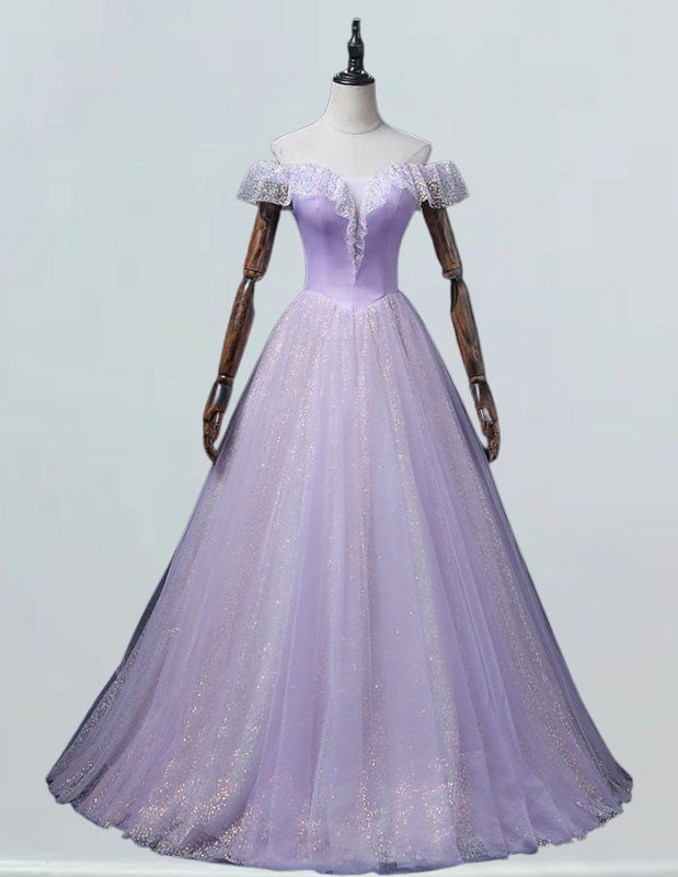 Lavender off the shoulder sparkle tulle ball gown for prom with elegant and aesthetic design1