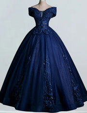 Dark navy off the shoulder lace applique beading ball gown prom dress