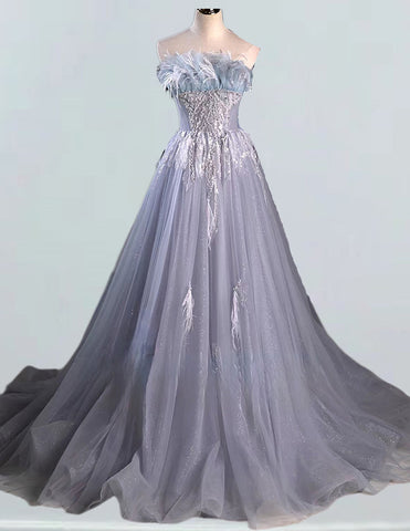 Gray strapless long tulle ball gown,fairy woman prom dress gown