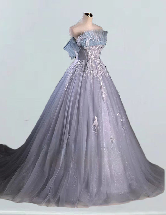 Gray strapless long tulle ball gown,fairy woman prom dress gown VIMYES