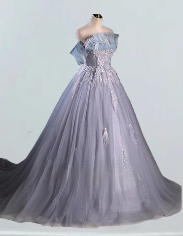 Gray strapless long tulle ball gown,fairy woman prom dress gown