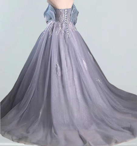 Gray strapless long tulle ball gown,fairy woman prom dress gown