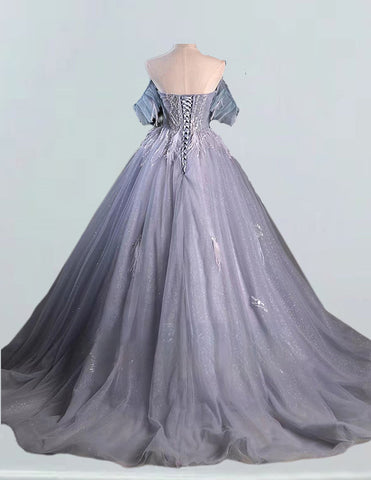 Gray strapless long tulle ball gown,fairy woman prom dress gown