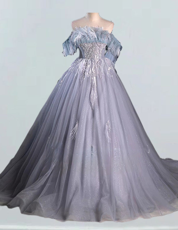 Gray strapless long tulle ball gown,fairy woman prom dress gown