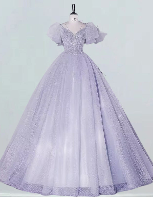 Elegant lavender sequin tulle V-neck quinceanera prom gown for girls1