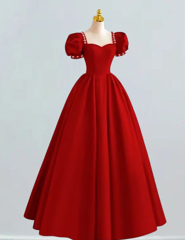 Red square neckline puff sleeve long satin ball gown for prom, elegant and aesthetic evening dress1