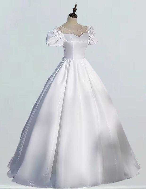 Ivory satin ball gown prom dress for girls, elegant evening bridal wear with off shoulder design and modest aesthetic2