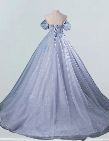 Grey blue pleated long lace ball gown,fairy tulle wedding bridal dress