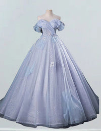 Grey blue pleated long lace ball gown,fairy tulle wedding bridal dress