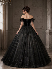 Black Off Shoulder Sparkle Tulle Ball Gown Prom Dress
